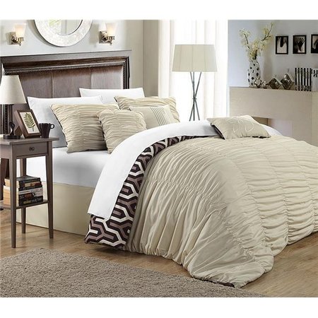 FIXTURESFIRST Leslie Pleated Ruffled Comforter Set - Beige - Queen - 7 Piece FI203414